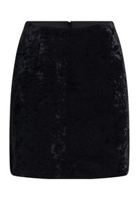 Svart mini kjol i texturerad tyg, med en enkel design som har en bakre dragkedja och en slät midja. Inga synliga mönster eller detaljer.