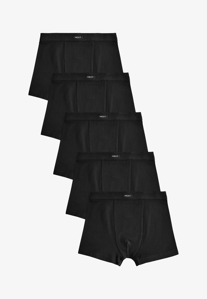 Fekete pamut boxer alsóneműök, öt halomban elrendezve, puha derékrésszel, amelyen a "NEXT" felirat és ívelt elülső kialakítás található.
