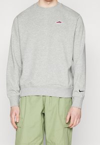 Ljusgrå sweatshirt i bomull, med rund halsringning, långa ärmar och en liten röd och svart broderad logotyp på bröstet.