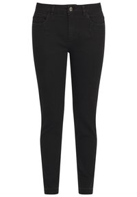 Jeans en denim noir à coupe slim, avec des poches avant, un seul bouton sur le devant et une texture lisse. Aucune motif ou accent supplémentaire.