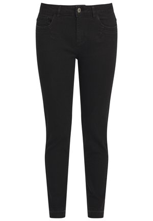 Jeans in denim nero a vestibilità slim, dotati di tasche anteriori, un'unico bottone frontale e una texture liscia. Nessun motivo o accento aggiuntivo.