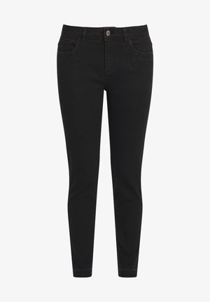 Czarne dżinsy o slim fit, z przednimi kieszeniami, pojedynczym przednim guzikiem i gładką teksturą. Brak dodatkowych wzorów lub akcentów.