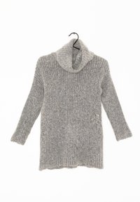 Gray knitted sweater with a cowl neck, long sleeves, ribbed texture, and a slight hemline. Fabric appears soft and slightly fuzzy.