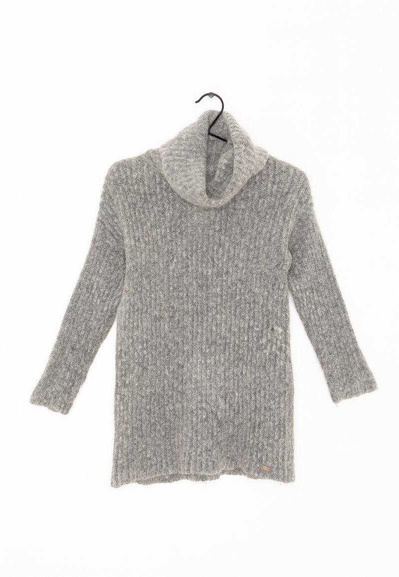Gray knitted sweater with a cowl neck, long sleeves, ribbed texture, and a slight hemline. Fabric appears soft and slightly fuzzy.