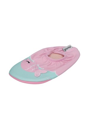 Soft pink and blue baby slipper with a fish design and elastic around the ankle for easy wear and secure fit.