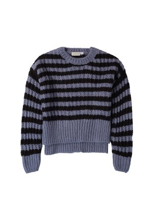 Strickpullover mit cropped Design, das abwechselnd dunkelblaue und schwarze Streifen zeigt. Texturiertes Gewebe und gerippte Bündchen sowie Saum.