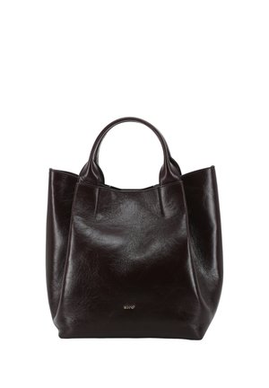 Black glossy leather tote bag with short handles and a small embossed brand name on the front center.
