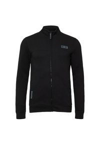 Zwarte zip-up jas van een zacht materiaal, met een hoge kraag, twee voorzakken en een logo-opdruk op de linkerborst.