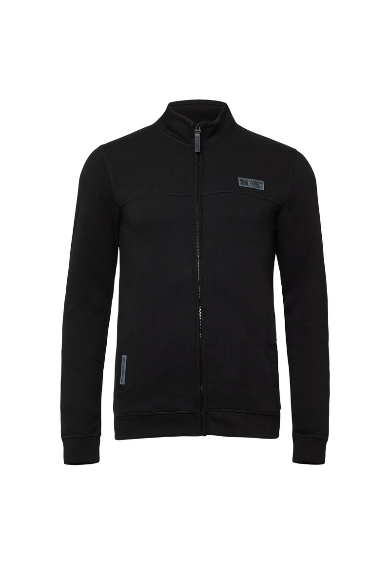 Zwarte zip-up jas van een zacht materiaal, met een hoge kraag, twee voorzakken en een logo-opdruk op de linkerborst.