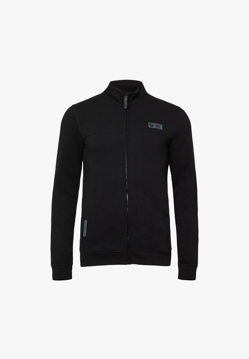 Zwarte zip-up jas van een zacht materiaal, met een hoge kraag, twee voorzakken en een logo-opdruk op de linkerborst.