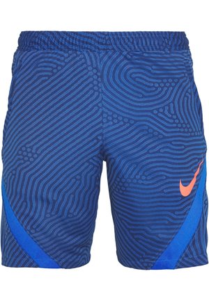 Męskie niebieskie spodenki sportowe z ciemnoniebieskim wzorem falistych linii, jasnoniebieskimi bocznymi panelami oraz pomarańczowym logo Nike Swoosh na prawej nodze.