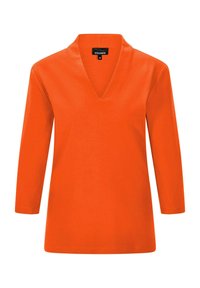 Oranje, langdellige top met een V-halsontwerp. Gemaakt van zachte stof, heeft een relaxte pasvorm en afgewerkte randen zonder patronen of versieringen.