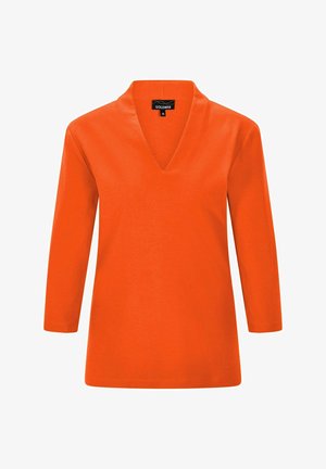 Orangenes, langärmliges Oberteil mit V-Ausschnitt. Hergestellt aus weichem Stoff, hat einen lockeren Schnitt und bietet gesäumte Kanten ohne Muster oder Verzierungen.