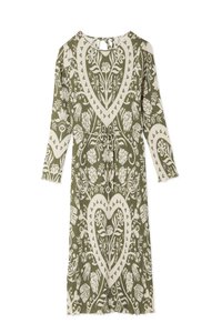 Πράσινο και άσπρο φόρεμα με σχέδιο, με μακριά μανίκια, στρογγυλή λαιμόκοψη και άνοιγμα στην πλάτη. Διαθέτει φλοράλ και γεωμετρικά σχέδια. Υφασμα με υφή.