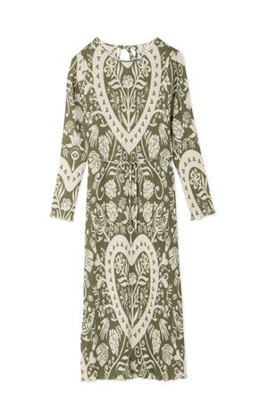 Zeleno in belo vzorčasto obleko z dolgimi rokavi, okroglim izrezom in odprtjem na hrbtu. Ima cvetlične in geometrijske vzorce. Teksture tkanine.