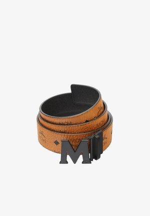 Brown leather belt with embossed MCM logos, textured surface, black metal buckle featuring an 'M' logo, cut for a modern look.