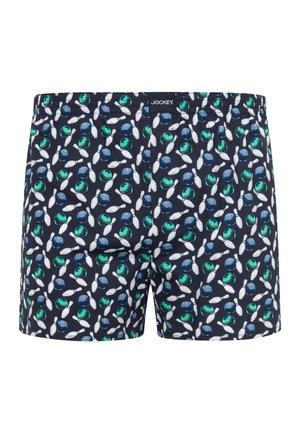 Wzór niebieskiej i zielonej kuli do kręgli na granatowym tle z białymi akcentami w postaci kręgli. Elastyczny pas z etykietą "JOCKEY". Styl szortów bokserki.