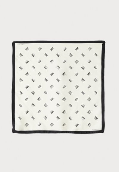 Weißes Seidentuch mit einem sich wiederholenden schwarzen geometrischen Muster, eingerahmt von einem solid schwarzen Rand. Leicht und mit glatter Textur.