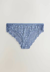 Zilas ziedu raksta mežģīņu biksītes ar viļņainām malām. Mīksts audums ar sarežģītu detaļām un gluda josta komfortam.