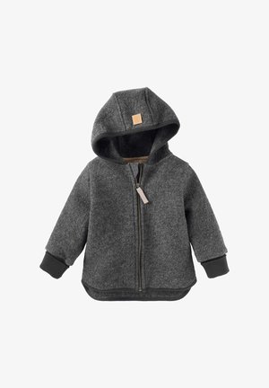 Donkergrijze fleece capuchonjack voor kinderen met een voorrits en ribgebreide boorden, voorzien van een klein leren label op de capuchon.