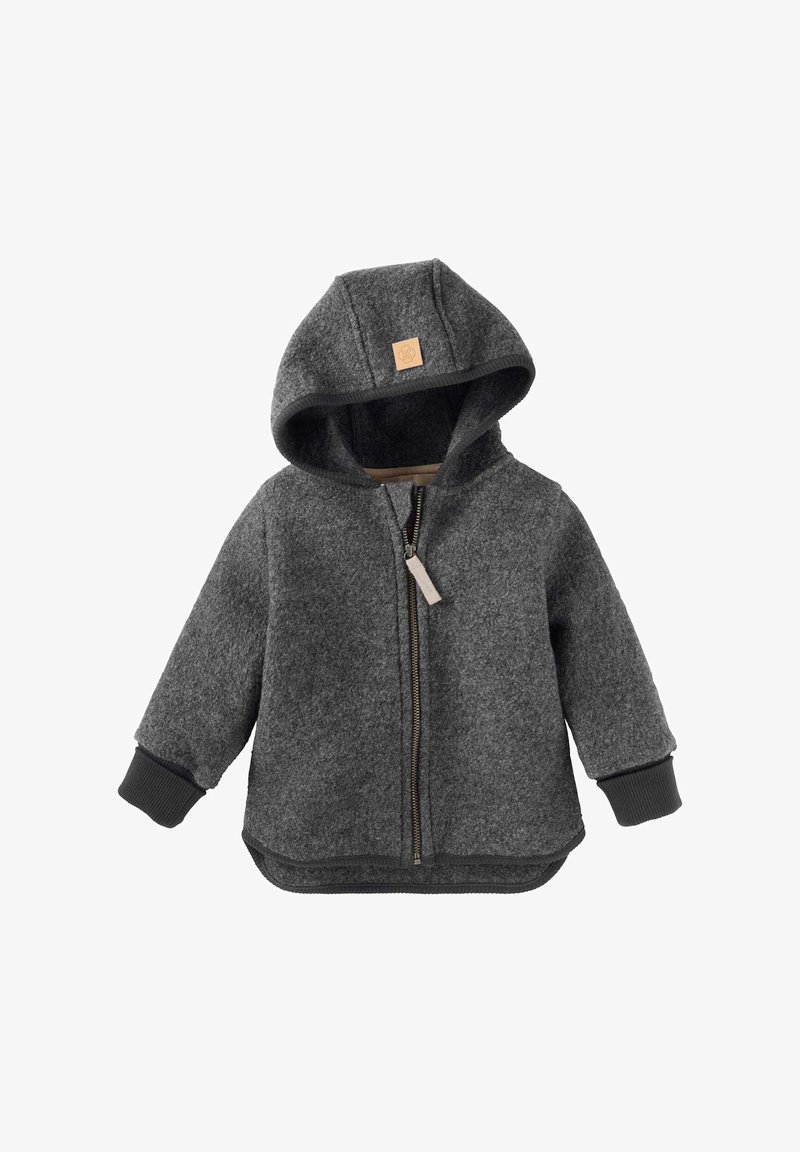 Dunkelgraue Fleece-Hoodiejacke für Kinder mit Frontreißverschluss und Rippbündchen, mit einem kleinen Lederpatch an der Kapuze.