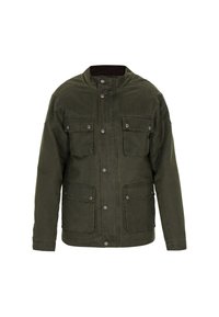 Giacca in misto cotone verde oliva con colletto alto, chiusure a scatto frontali e quattro tasche anteriori. Caratterizzata da una finitura testurizzata e un design strutturato.
