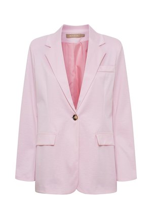 Lyserød enkeltknappet blazer med en brun knap, svanekraver, frontlommer med klap og en brystlomme med kant.