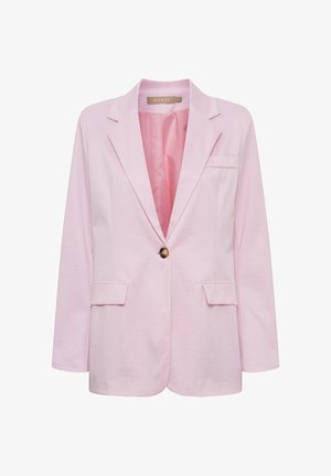 Lyserød enkeltknappet blazer med en brun knap, svanekraver, frontlommer med klap og en brystlomme med kant.