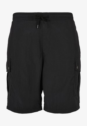 Svart cargo shorts med elastisk midje, snøring og sidelommer med trykknapdetaljer. Lett og teksturert stoff.