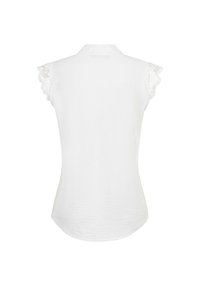 Blouse blanche à manches courtes vue de dos, décorée d'une bordure en dentelle aux manches et d'un ourlet arrondi. Aucune fermeture apparente ni motif visible.