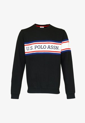 Sweatshirt noir avec col rond, présentant une bande horizontale blanche avec des rayures rouges et bleues et "U.S. POLO ASSN." imprimé au centre.