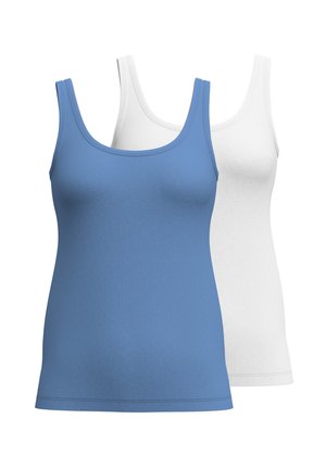 Twee strak aansluitende tanktops, één blauw en één wit, gemaakt van een soepele katoenmix stof, met brede schouderbanden en een ronde hals.}}}