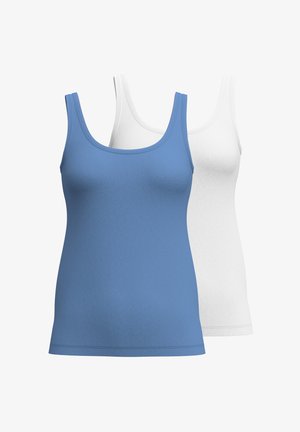Two fitted tank tops, one blue and one white, made of smooth cotton blend fabric, featuring wide shoulder straps and a rounded neckline.