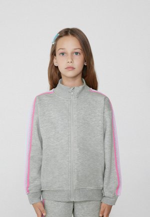 Grauer Reißverschluss-Sweatshirt mit hohem Kragen, ausgestattet mit pinken und blauen Seitenstreifen. Hergestellt aus glattem, weichem Stoff mit gerippten Bündchen und Saum.