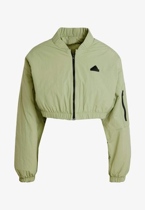 Giacca verde chiaro tagliata, con vita elastica, cerniera nera e logo. Presenta maniche lunghe e una tasca con cerniera sul braccio.