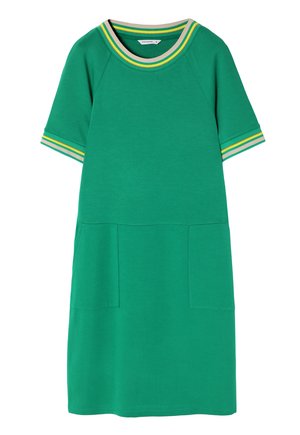 Zöld pamutruha rövid raklankialjú ujjal, beige, sárga és zöld csíkos bordázott kerek nyakkivágással, valamint két elülső zsebbel.