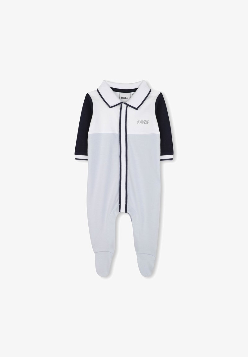 Katoenen romper met korte marineblauwe mouwen, witte body en marineblauwe accenten. Voorzien van een polokraag en logo op de borst. Zacht van textuur.