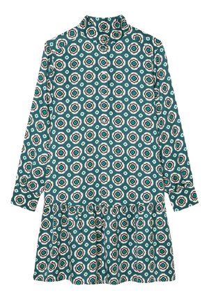 Grünes langärmeliges Kleid mit weißem und schwarzem kreisförmigem Blumenmuster, hohem Kragen, Knöpfen auf der Brust und einem gesammelten Rüschensaum.