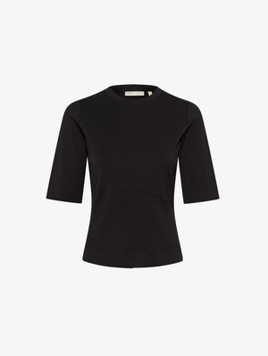 Zwarte korte mouwen top met ronde halslijn, met een fitted silhouet, middellijn detail en zachte, gestructureerde stof.