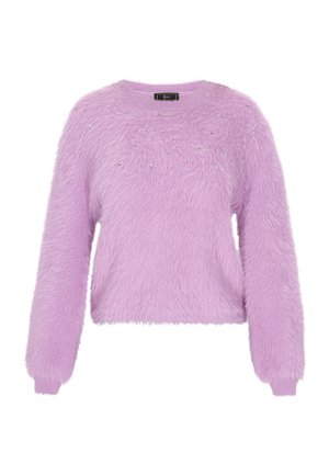 Maglione di un delicato viola chiaro, morbido e voluminoso, con un design cropped, caratterizzato da un collo rotondo e maniche lunghe, decorato con piccole embellishments lucide.