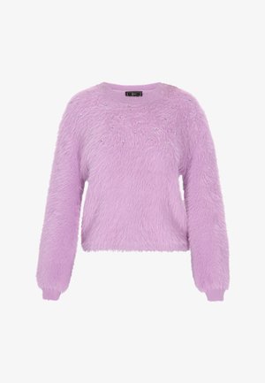 Heledat lilla, koheline sviiter, millel on lühendatud disain, ümar kaelus ja pikad varrukad, kaunistatud väikeste säravate kaunistustega.