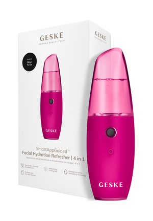Portable pink facial hydration refresher device with transparent top, power button, and accompanying white product box.