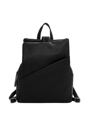 Black leather backpack with a textured finish. Features a folded design, a top handle, and adjustable straps. Side zip pocket included.