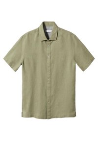 Camisa de manga corta abotonada en lino de color verde oliva claro con cuello extendido y corte recto. Cuenta con cinco botones frontales y sin estampados.