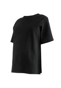 Schwarzes kurzärmeliges T-Shirt aus Baumwolle, mit Rundhalsausschnitt und lockerem Sitz. Glatte Textur mit schlichtem Design.