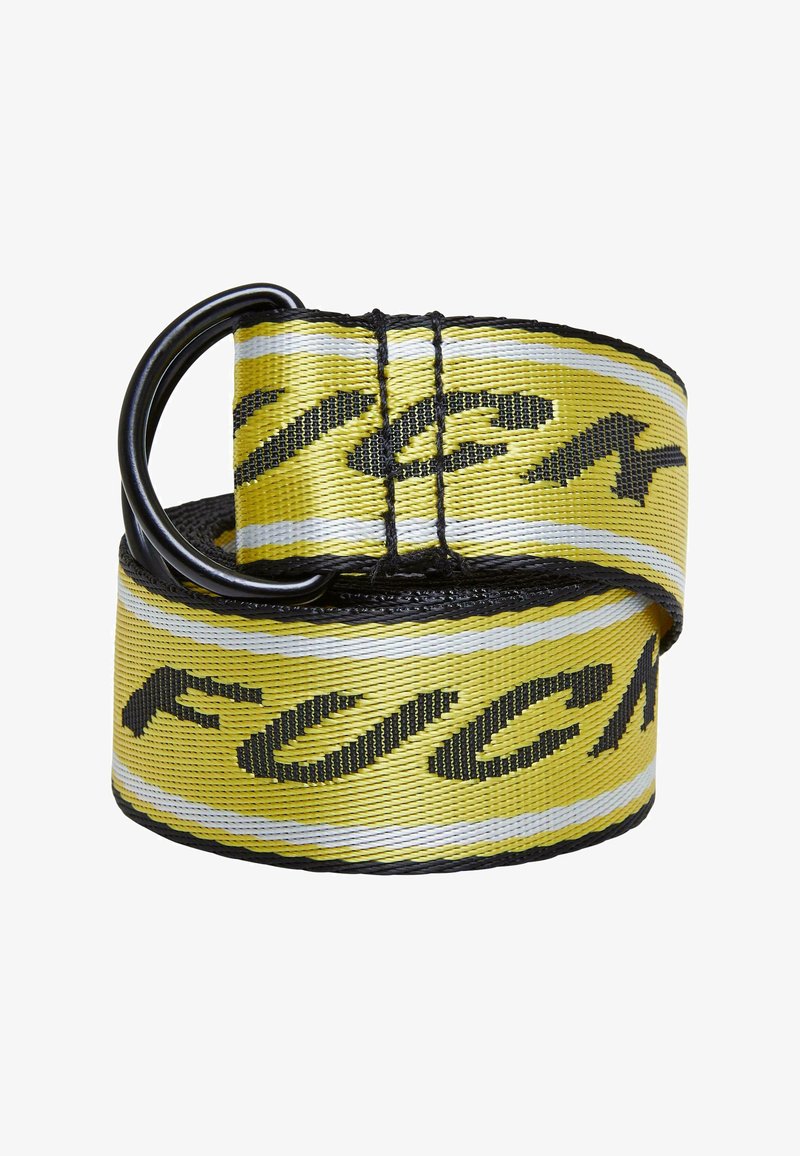 Black and yellow woven belt featuring bold black lettering and contrasting white stripes, with a black metal buckle for fastening.