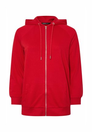 Felpa rossa con zip realizzata in tessuto morbido, dotata di cappuccio, tasche frontali e polsini a coste. Design semplice senza ulteriori fantasie o accessori.