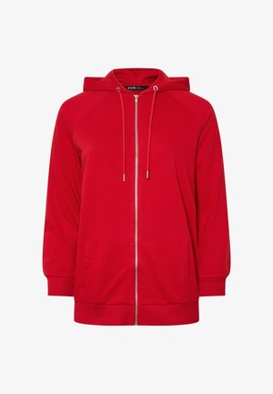 Sudadera roja con cierre lateral hecha de un tejido suave, con capucha, bolsillos frontales y puños acanalados. Diseño simple sin patrones ni accesorios adicionales.