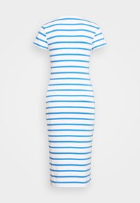 Abito midi bianco con righe orizzontali blu, maniche corte e silhouette aderente, visto da dietro.