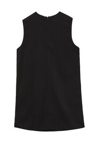 Svart ärmlös topp med vertikala ränder, rund halsringning och dragkedja bak. Slät textur, rak silhuett och inga dekorationer.